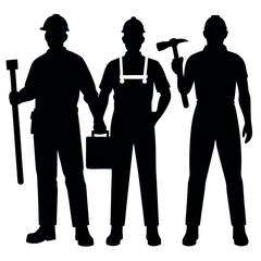 Silhouette of Three Construction Workers with Tools Wearing Hard Hats and Overalls