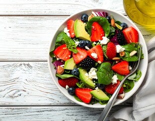 Fresh and Healthy Strawberry Salad with Avocado on White Wooden Table