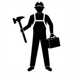 Construction Worker Icon Silhouette of a Tradesman with Hammer and Toolbox