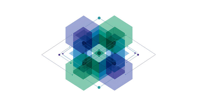 Modern Abstract Geometric Hexagon Design with Overlapping Blue and Green Shapes and Network Lines