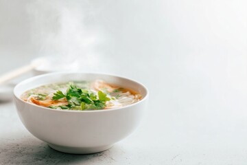 Warm soup in white bowl, garnished with fresh herbs, steam risin