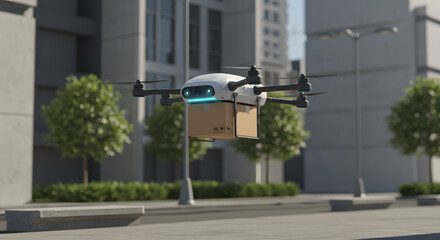 Modern delivery drone carrying package in city setting promises fast, efficient shipping for e-commerce and logistics businesses everywhere