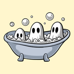Three Cute Ghosts Taking a Spooky Bubble Bath