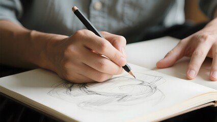 Artist sketching a face with a pencil on a notebook
