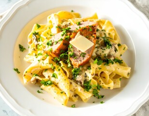 Creamy Pasta Dish with Chicken and Parsley Garnishing on White Plate