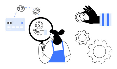 Woman uses magnifying glass to inspect finance details surrounding coins, credit card, and gears convey money management. Ideal for finance, banking, strategy, planning, analysis, saving simple
