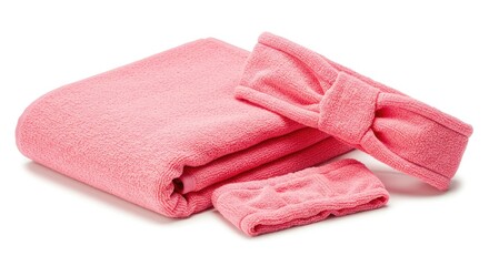 Soft Pink Terrycloth Set: Folded Towel, Spa Headband, Wristband on White