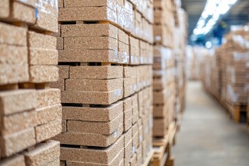 A close-up of neatly stacked bricks on a pallet inside a construction materials store, sharp details and natural tones, clean and professional composition, copy space, stock photography
