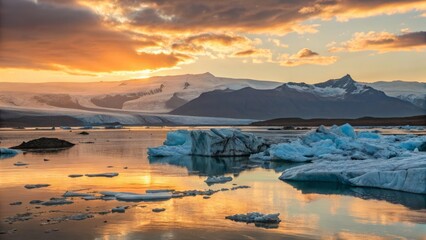 Icebergs in lagoon at golden sunset