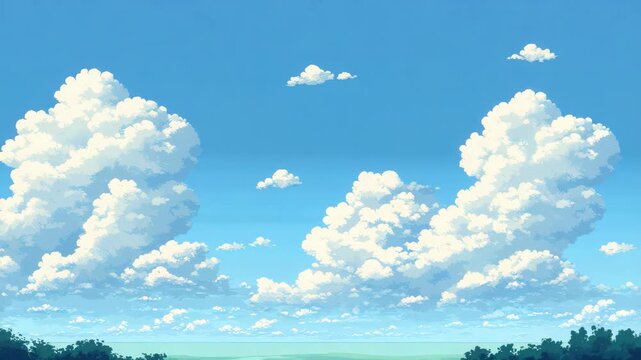 Pixelated sky with fluffy white clouds and trees animated background video loop