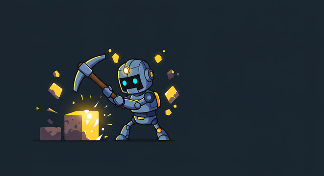Cute Robot Mining Gold Blocks with Pickaxe, Digital Resource Extraction Illustration