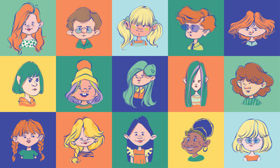 Set of children avatars. Different kids portraits of girls and boys with diverse face expressions, ethnicity, hair, skin color. Hand drawn illustration of multiracial school children, user profiles.