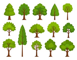 Collection of assorted cartoon tree illustrations isolated on white background