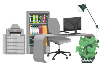 Office setup for home office work from home or freelance with bookshelf table chair pc computer files folder book  on white background and with cabinet printer houseplant