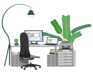 Office setup for home office work from home or freelance project with bookshelf table chair pc computer files folder book  on white background and with cabinet printer houseplant