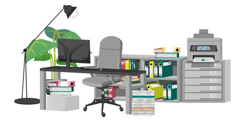 Office setup for home office work from home or freelancer manger with bookshelf table chair pc computer files folder book  on white background and with cabinet printer houseplant
