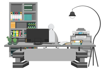 Office setup for home office work from home or freelancer manger executive with bookshelf table chair pc computer files folder book and with cabinet printer houseplant