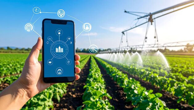 Smart agriculture: Hand holding phone with irrigation control over green field