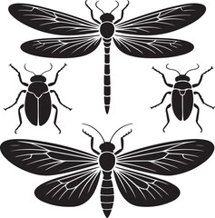 A colorful vector set of various insects, including a dragonfly, bee, butterfly, and ladybug, with detailed wings