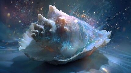 Glowing seashell on beach at night ocean landscape nature wallpaper