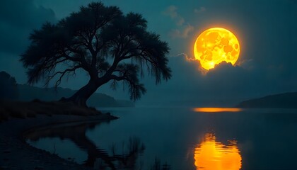 Sunset reflecting over tranquil tropical lake with palm trees and colorful sky