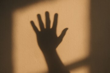 Casting a shadow of an open hand making a stop gesture, sunlight creates a striking silhouette on a textured wall surface