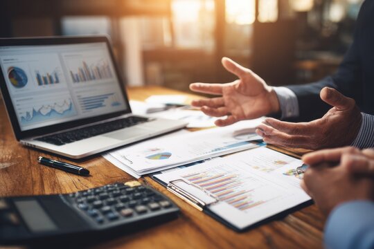Two business professionals in a consulting meeting reviewing financial charts, hands gesturing over printed reports, open laptop and calculator on wooden desk in natural lighting