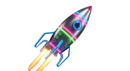 Ai generated image of rocket ship with colorful neon lights isolated on transparent background