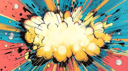 Comic book explosion superhero birthday invite, space for party details in a vibrant speech bubble
