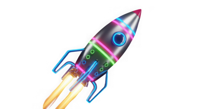 Ai generated image of rocket ship with colorful neon lights isolated on transparent background