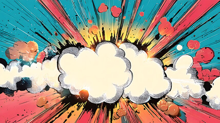 Comic book explosion superhero birthday invite, space for party details in a vibrant speech bubble