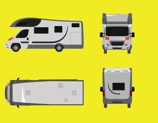 Recreational vehicle or RV all four side view vector design on yellow background. Camper van vector.