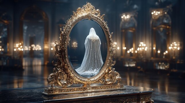 Ornate mirror, figure in a hall