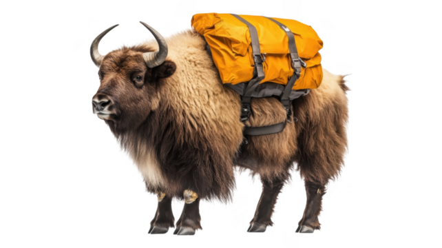 Musk ox with bright orange backpack ready for exploration in a vibrant transparent setting