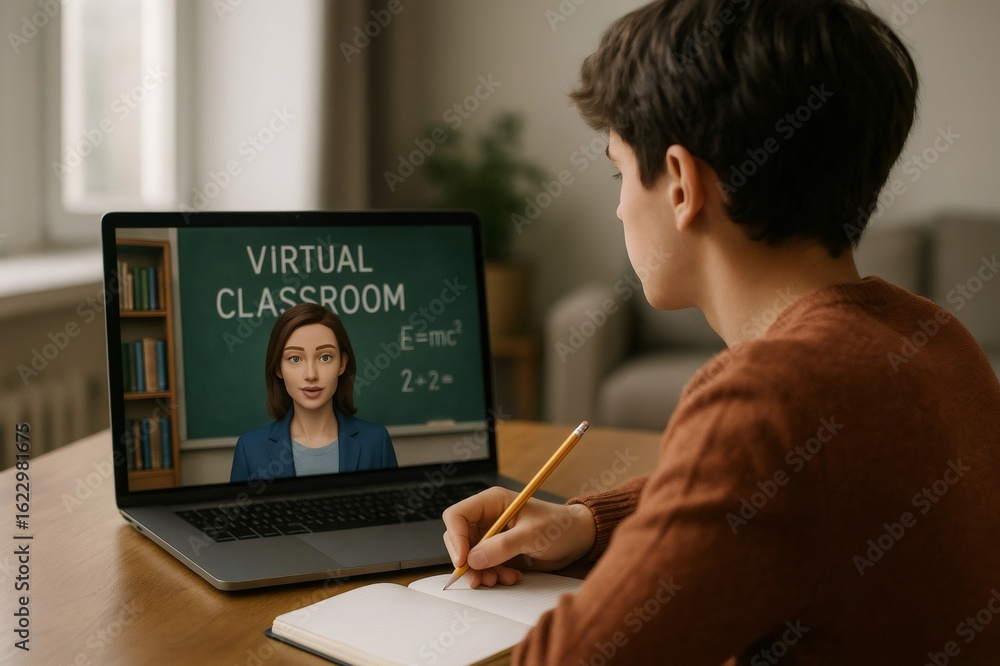 Poster teenager taking notes while attending virtual class with artificial intelligence teacher displayed o
