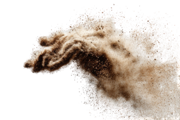 Exploding, dark brown dust cloud, resembling a head or hand shape, against a black background