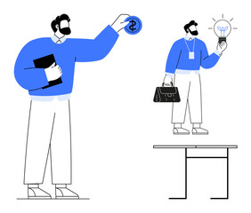 Man holding dollar coin and tablet, smaller man holding lightbulb and briefcase, standing on table. Ideal for business, innovation, investment, creativity, entrepreneurship, collaboration financial
