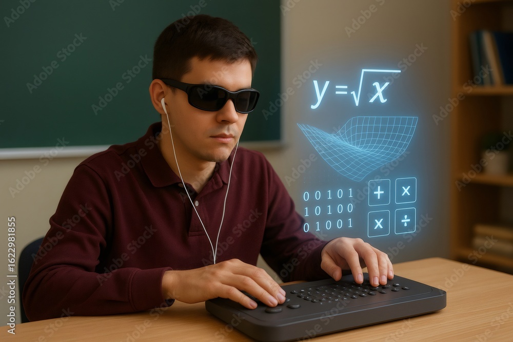 Poster young blind student wearing sunglasses and earphones using a special keyboard and assistive technolo