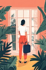woman standing by large window with tropical plants, holding briefcase. modern interior with warm tones. concept of contemplation and escape. lifestyle, travel, editorial design.