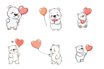 A collection of six cute cartoon polar bears holding hearts and balloons, suitable for Valentine's Day, children's designs, greeting cards, or whimsical illustrations.