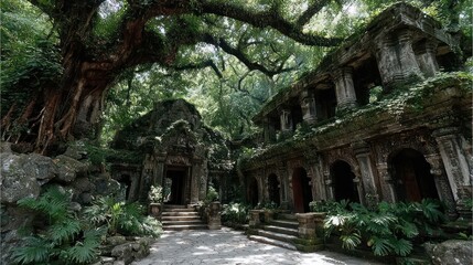 Overgrown stone structures, lush foliage