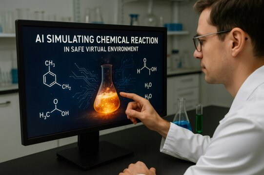 Scientist pointing at computer screen showing ai simulation of chemical reaction in laboratory