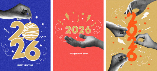 Merry christmas and Happy new year collage design. With hands holding 2026. Colorful collage style illustrations. Vector design for poster, banner, greeting and celebration.	