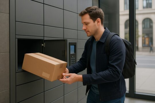 Young man retrieving a package from a smart locker in a modern urban building, enjoying the convenience of automated delivery services
