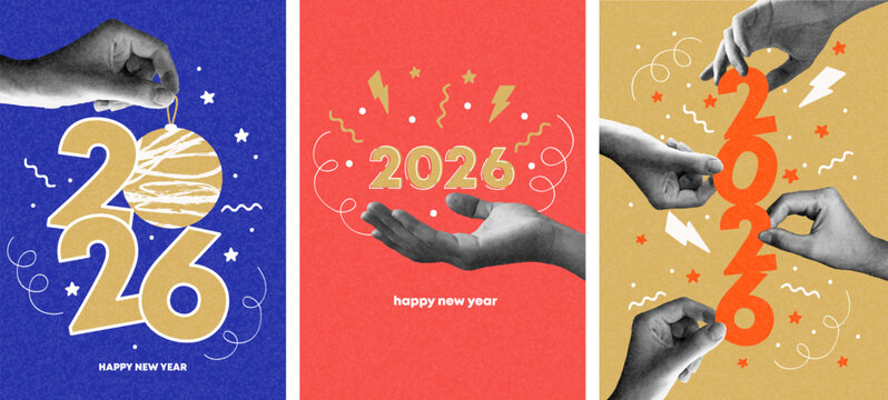 Merry christmas and Happy new year collage design. With hands holding 2026. Colorful collage style illustrations. Vector design for poster, banner, greeting and celebration.	