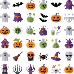 Halloween Icon Set with Pumpkin Ghost Witch Hat Bat Candy Potion Cauldron Spider and Skull Vector Elements

