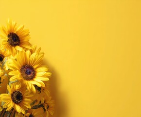 Sunflowers on a yellow background with space for text.