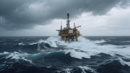 Offshore oil rig battling rough seas under stormy skies