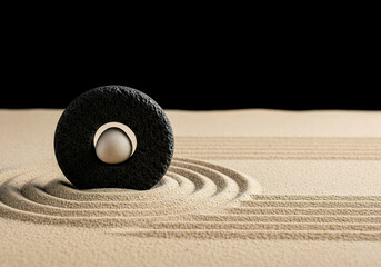 Zen Garden with Black Lava Stone and White Pearl, Japanese Meditation and Spa Concept