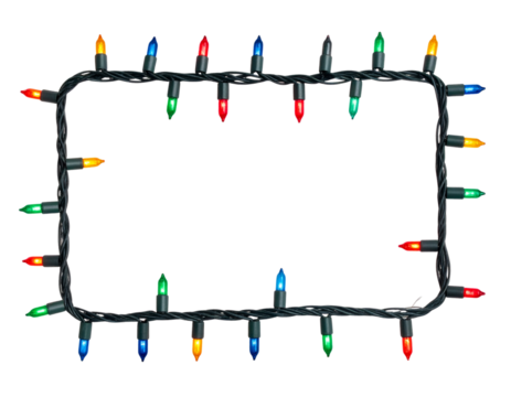 Rectangular Holiday Light Frame with Multicolor Bulbs and Twisted Wire, Glowing Effect, PNG